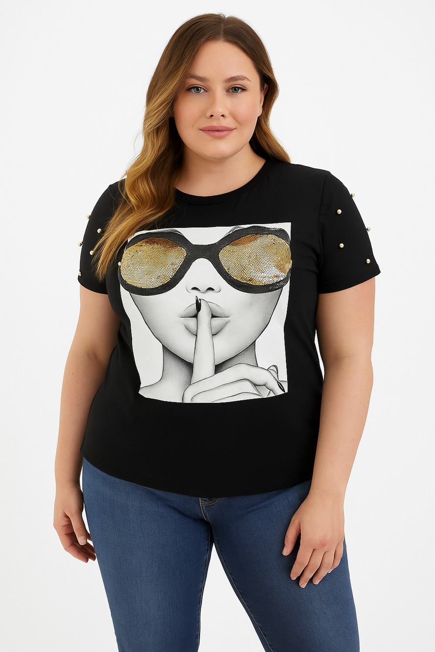 Pesion Sequin Graphic Tee Funny O-Neck Black XL Women’s Trendy Top Streetwear